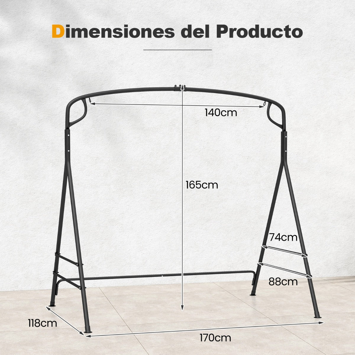 Marco de Columpio de Metal Resistente en Forma de A con Barras Laterales Adicionales y Diseño de 2 Anillos para Patio Trasero Negro