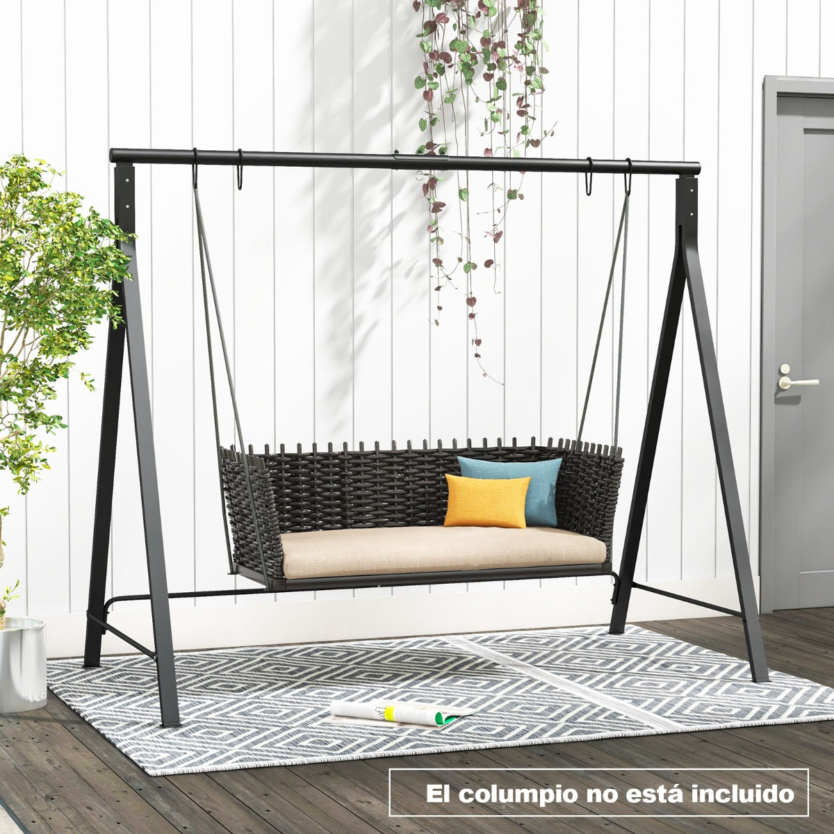 Marco de Columpio para Porche Jardín Soporte de Columpio de Metal con Estructura en Forma de A 5 Anillos para Colgar Resistente Negro