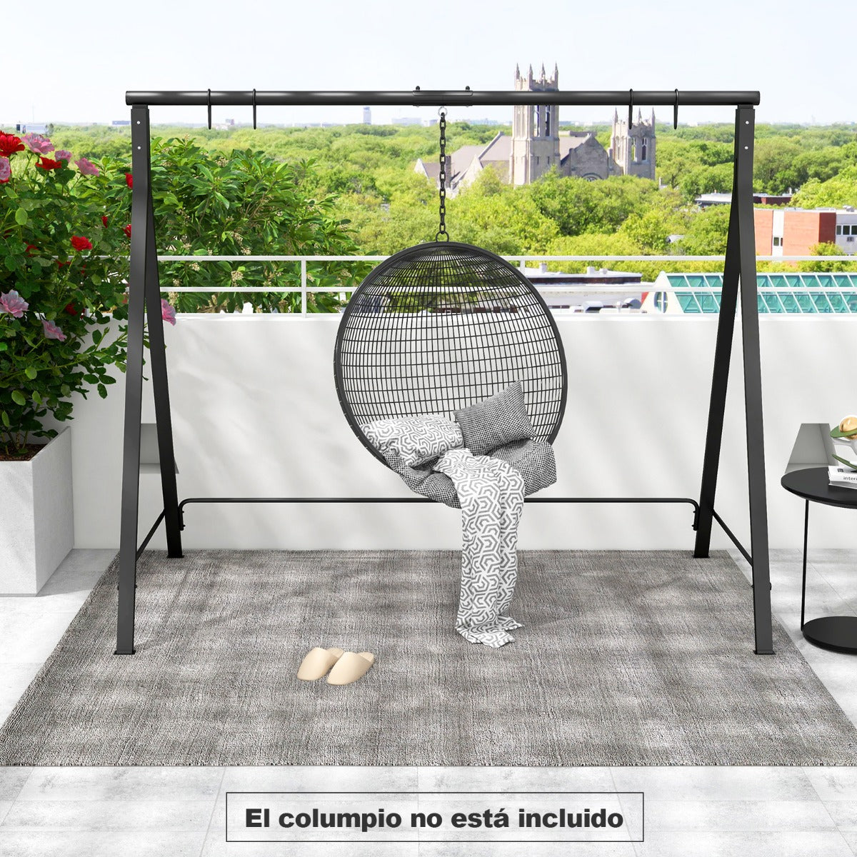 Marco de Columpio para Porche Jardín Soporte de Columpio de Metal con Estructura en Forma de A 5 Anillos para Colgar Resistente Negro
