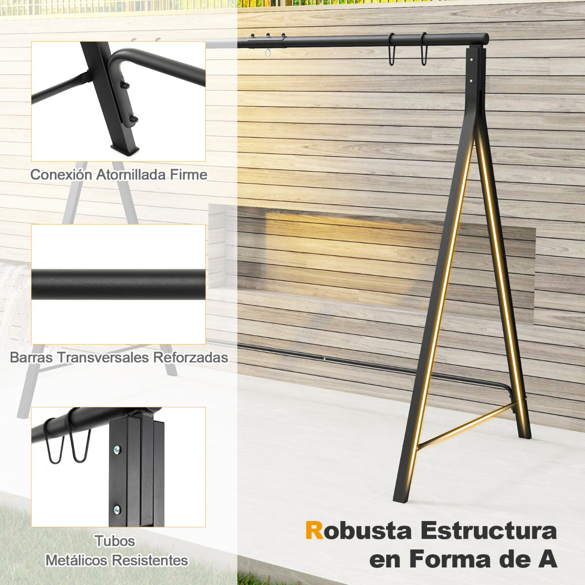 Marco de Columpio para Porche Jardín Soporte de Columpio de Metal con Estructura en Forma de A 5 Anillos para Colgar Resistente Negro