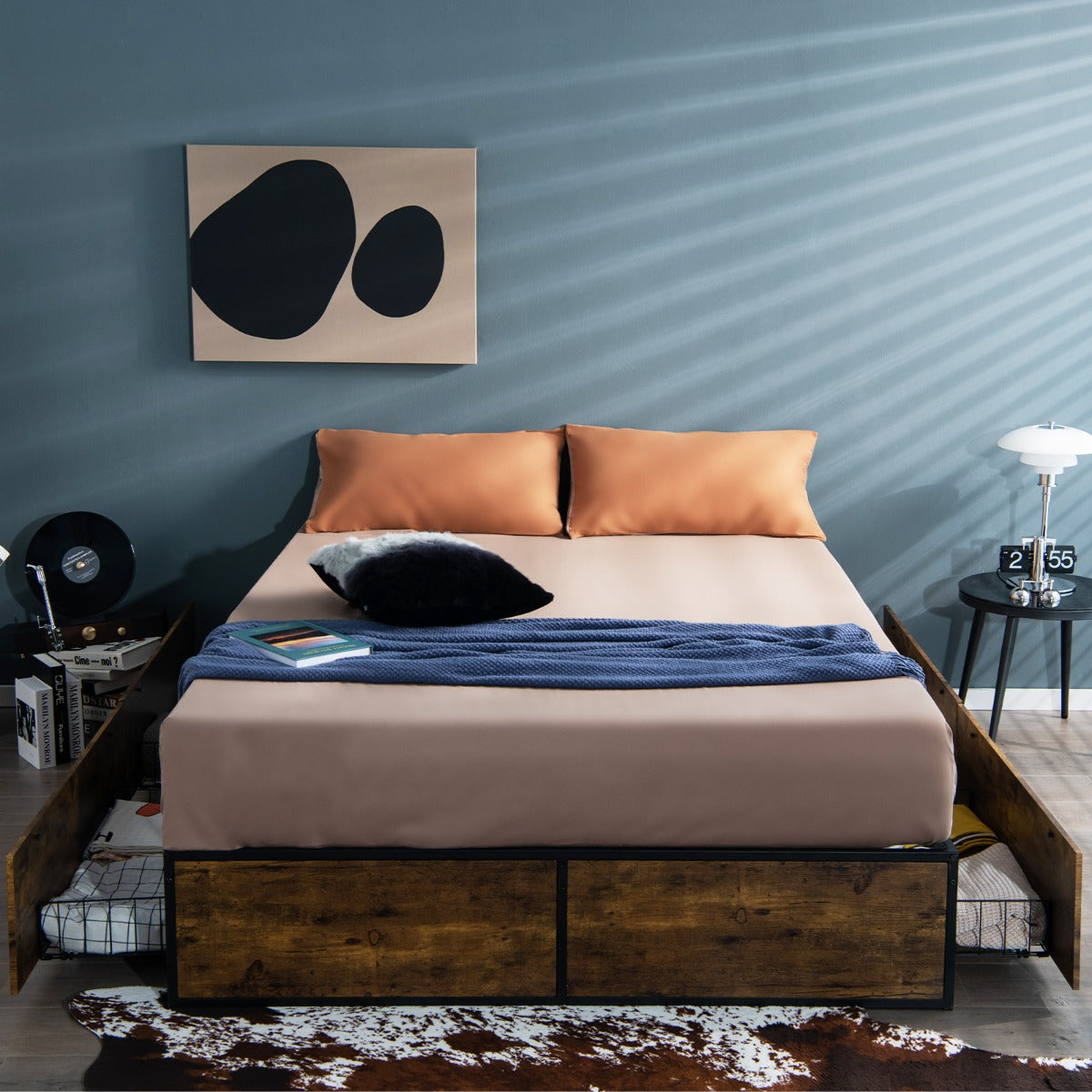 Marco de Cama Doble de Metal con 4 Cajones Base de Madera Agujeros Reservados para el Cabecero Base de Cama con Listones Base de Colchón