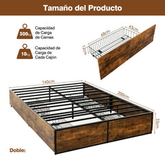 Marco de Cama Doble de Metal con 4 Cajones Base de Madera Agujeros Reservados para el Cabecero Base de Cama con Listones Base de Colchón