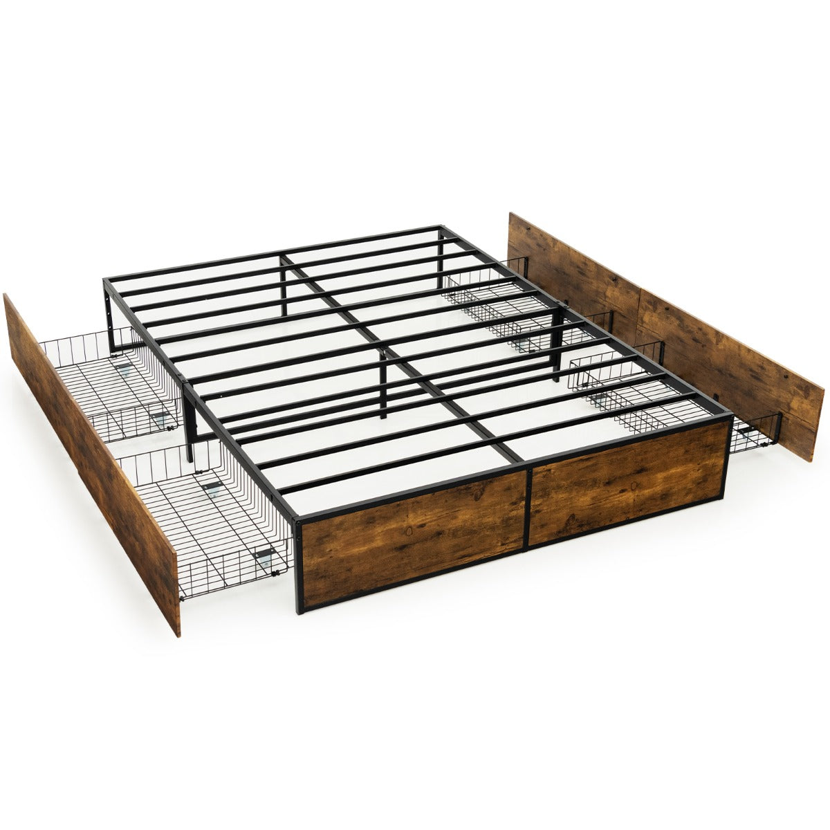 Marco de Cama Doble de Metal con 4 Cajones Base de Madera Agujeros Reservados para el Cabecero Base de Cama con Listones Base de Colchón