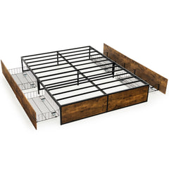 Marco de Cama Doble de Metal con 4 Cajones Base de Madera Agujeros Reservados para el Cabecero Base de Cama con Listones Base de Colchón