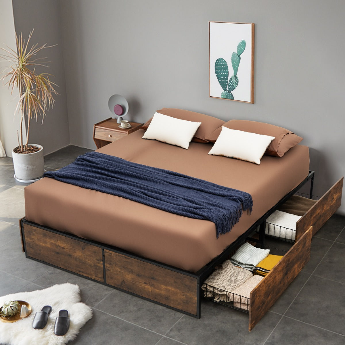 Marco de Cama Doble de Metal con 4 Cajones Base de Madera Agujeros Reservados para el Cabecero Base de Cama con Listones Base de Colchón