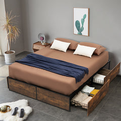Marco de Cama Doble de Metal con 4 Cajones Base de Madera Agujeros Reservados para el Cabecero Base de Cama con Listones Base de Colchón
