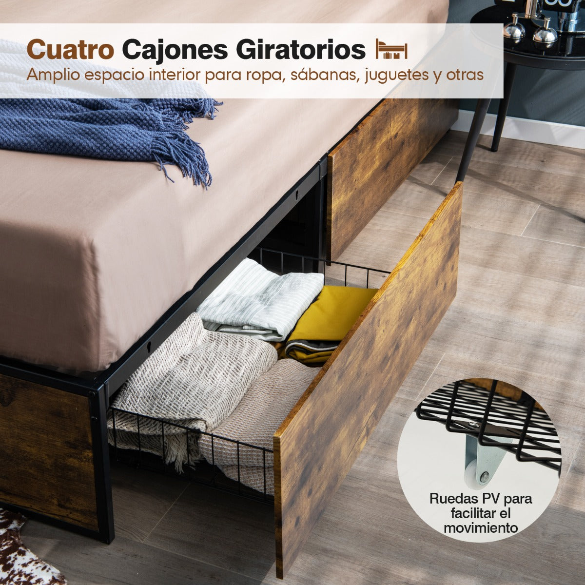 Marco de Cama Doble de Metal con 4 Cajones Base de Madera Agujeros Reservados para el Cabecero Base de Cama con Listones Base de Colchón