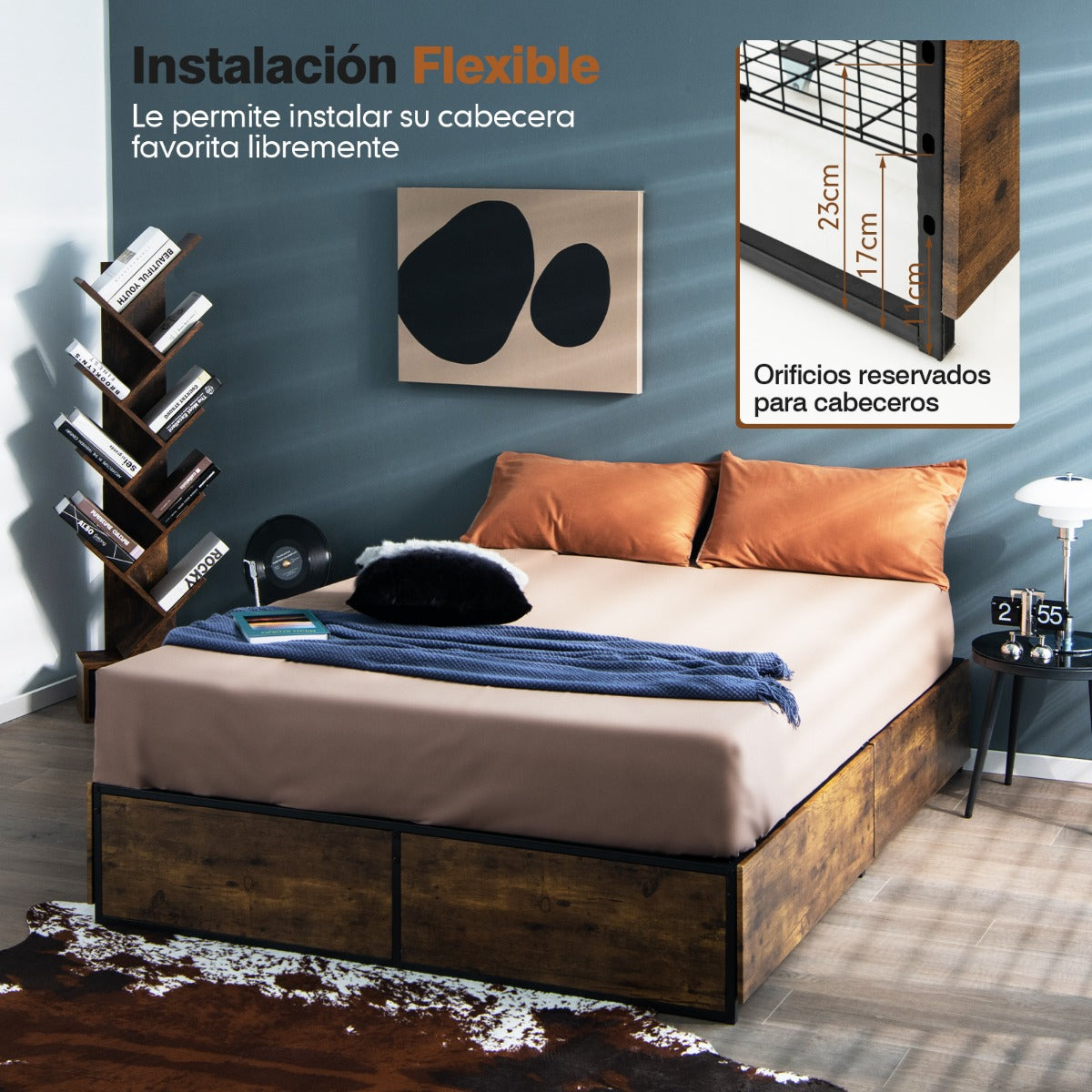 Marco de Cama Doble de Metal con 4 Cajones Base de Madera Agujeros Reservados para el Cabecero Base de Cama con Listones Base de Colchón