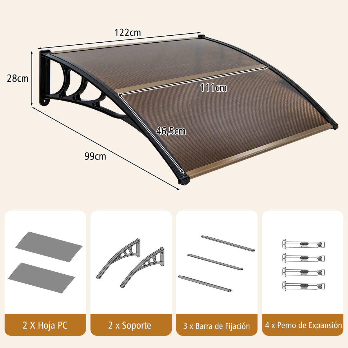 Marquesina para Ventana o Puerta 122 x 99 cm Protección Solar Lluvia Nieve Viento Toldo Exterior para Unidad de Aire Acondicionado Marrón