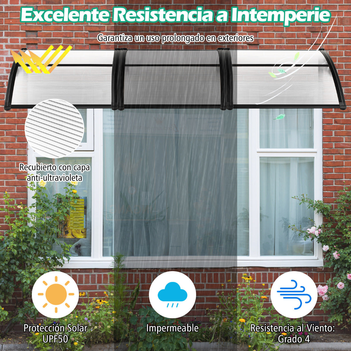 Marquesina para Ventana o Puerta 122 x 99 cm Protección Solar Lluvia Nieve Viento Toldo Exterior para Unidad de Aire Acondicionado Gris