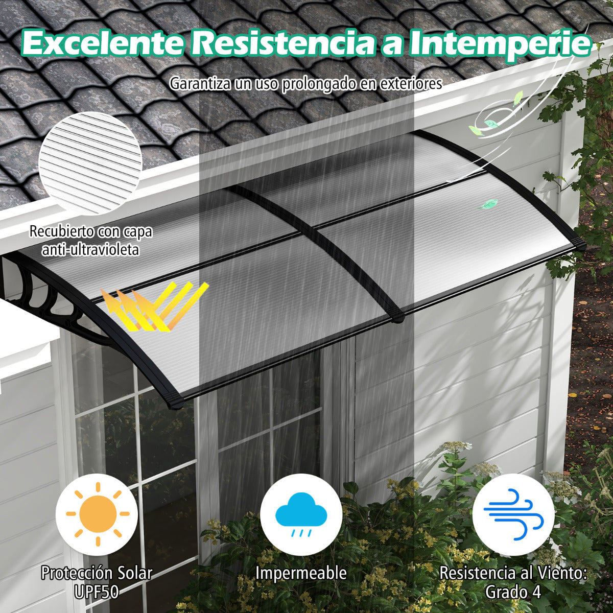 Marquesina para Ventana o Puerta 199 x 99 cm Protección Solar Lluvia Nieve Viento Toldo Exterior para Unidad de Aire Acondicionado