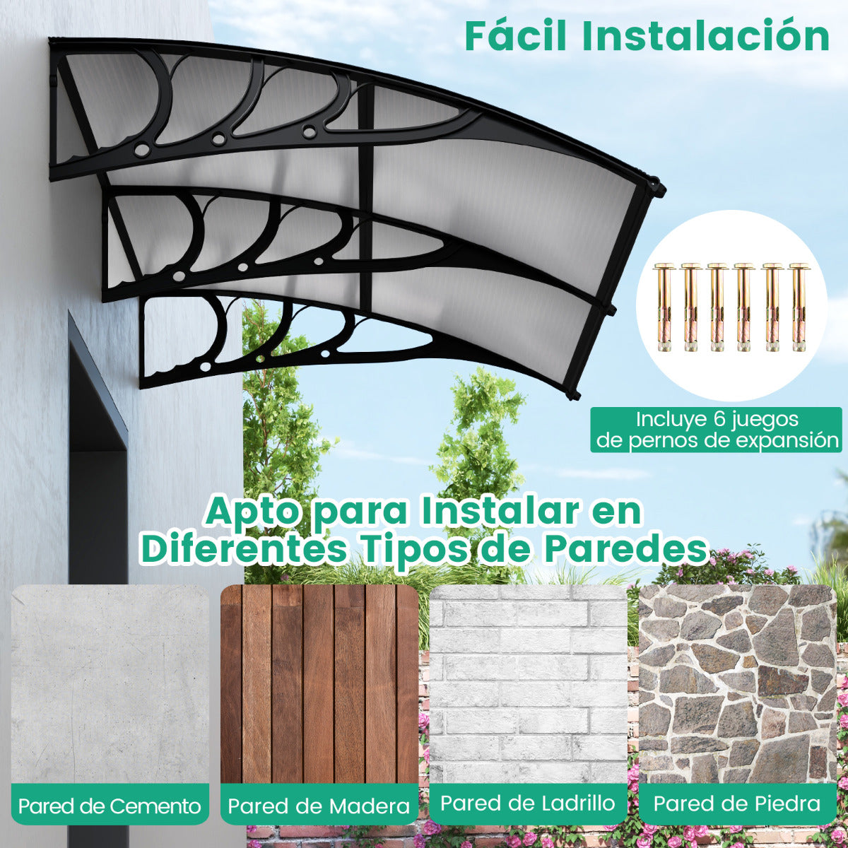 Marquesina para Ventana o Puerta 199 x 99 cm Protección Solar Lluvia Nieve Viento Toldo Exterior para Unidad de Aire Acondicionado
