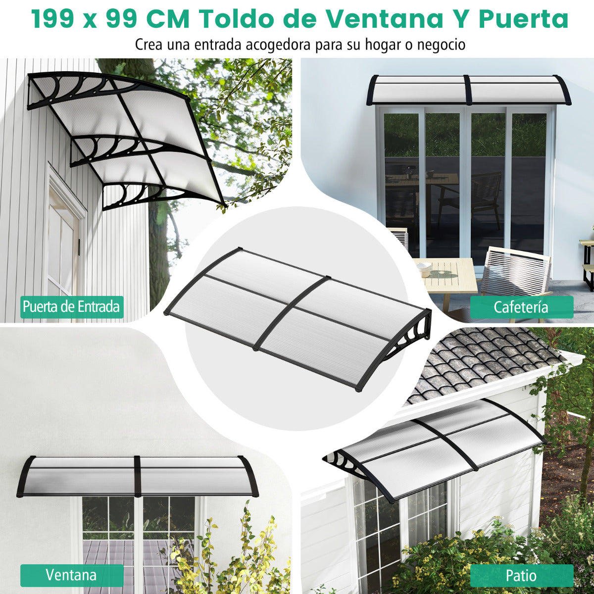 Marquesina para Ventana o Puerta 199 x 99 cm Protección Solar Lluvia Nieve Viento Toldo Exterior para Unidad de Aire Acondicionado