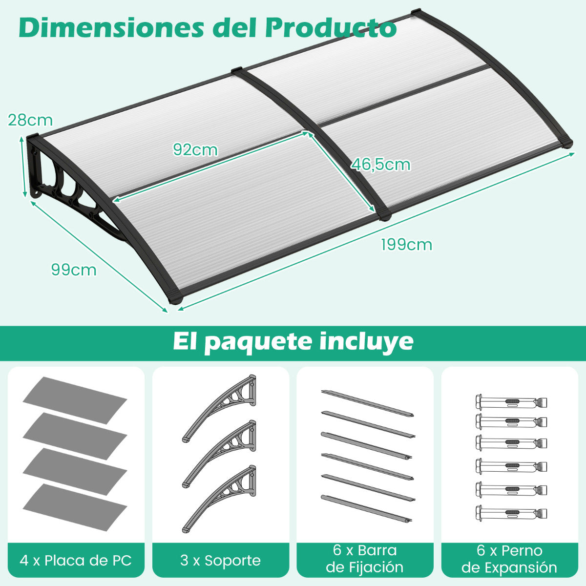 Marquesina para Ventana o Puerta 199 x 99 cm Protección Solar Lluvia Nieve Viento Toldo Exterior para Unidad de Aire Acondicionado