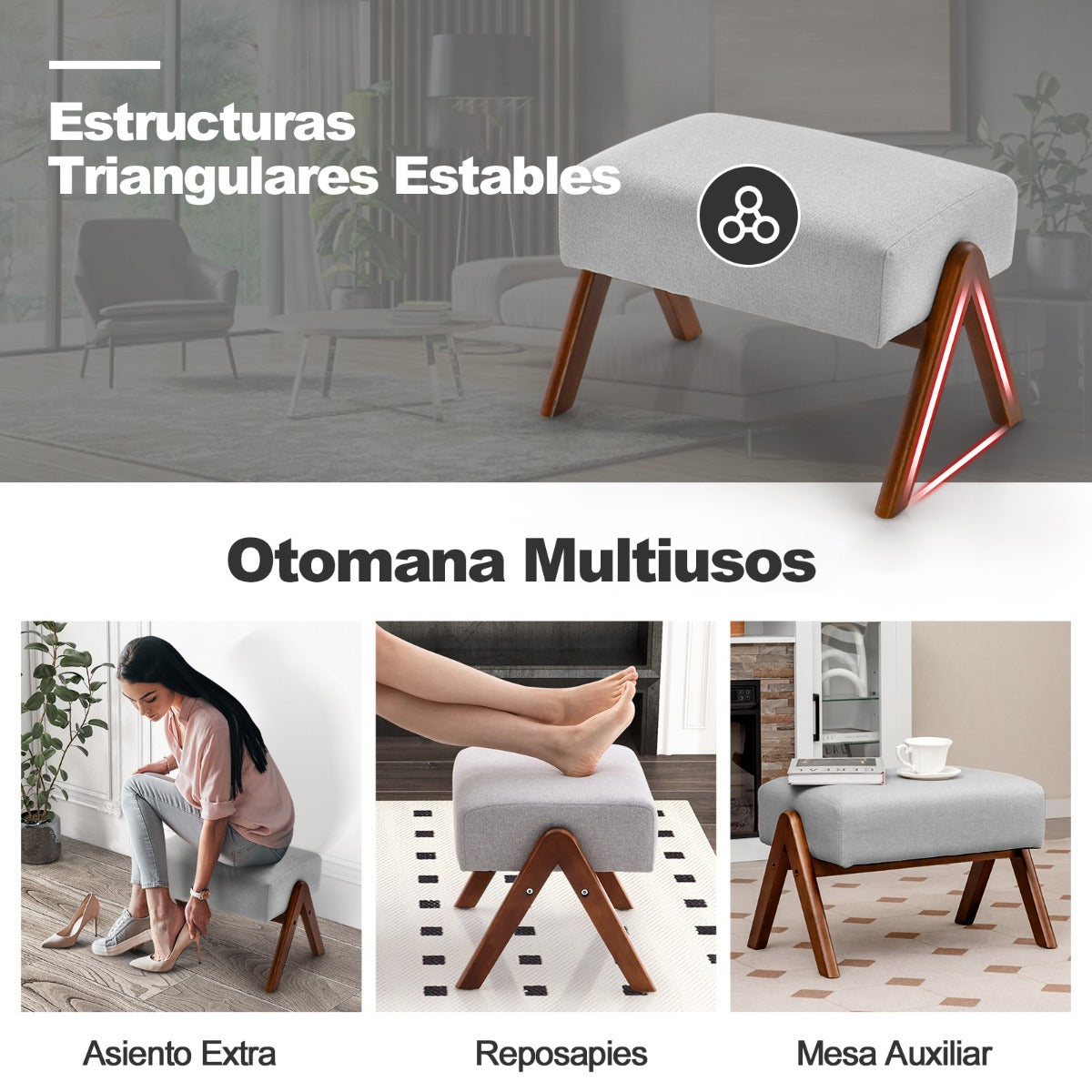 Mecedora con Otomana Tapizada de Tela con Marco de Madera Maciza de De Caucho y Cojín Acolchado-Gris