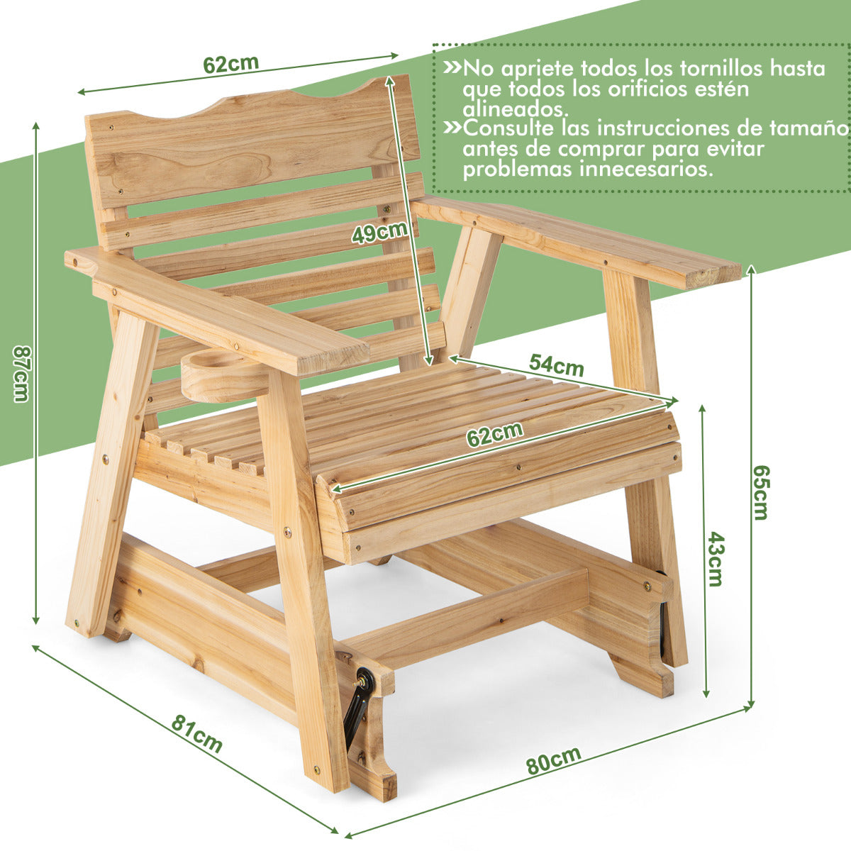 Mecedora de Madera de Exterior con Respaldo Alto Reposabrazos Asiento Curvo Sillón para Patio Porche Balcón 80 x 81 x 87 cm Natural