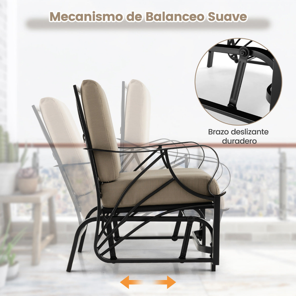 Mecedora Jardín Exterior con Cojín Estructura de Metal Pulverizado y Balanceo Silla Mecedora para Patio y Porche 73 x 66,5 x 89 cm Marrón