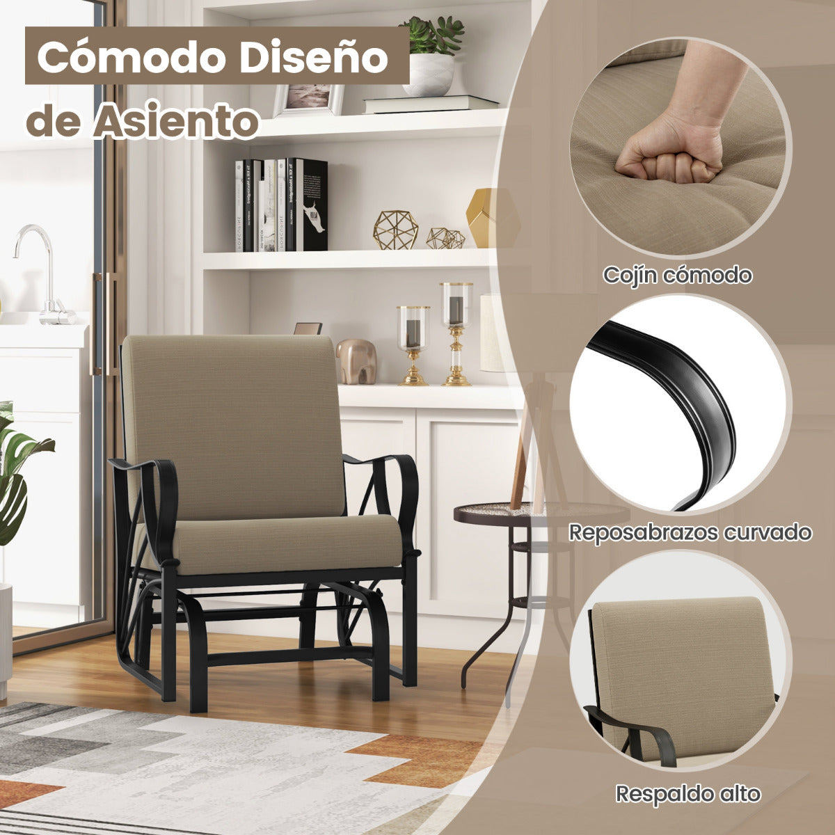 Mecedora Jardín Exterior con Cojín Estructura de Metal Pulverizado y Balanceo Silla Mecedora para Patio y Porche 73 x 66,5 x 89 cm Marrón