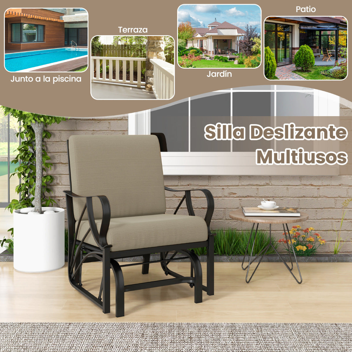 Mecedora Jardín Exterior con Cojín Estructura de Metal Pulverizado y Balanceo Silla Mecedora para Patio y Porche 73 x 66,5 x 89 cm Marrón