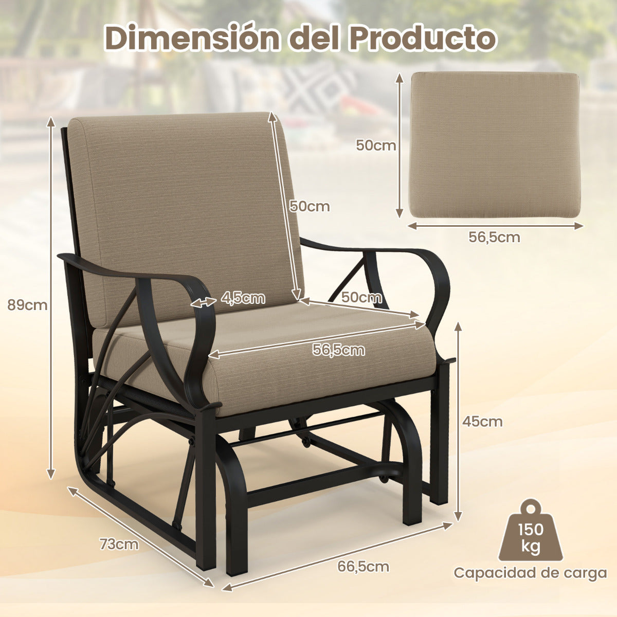 Mecedora Jardín Exterior con Cojín Estructura de Metal Pulverizado y Balanceo Silla Mecedora para Patio y Porche 73 x 66,5 x 89 cm Marrón