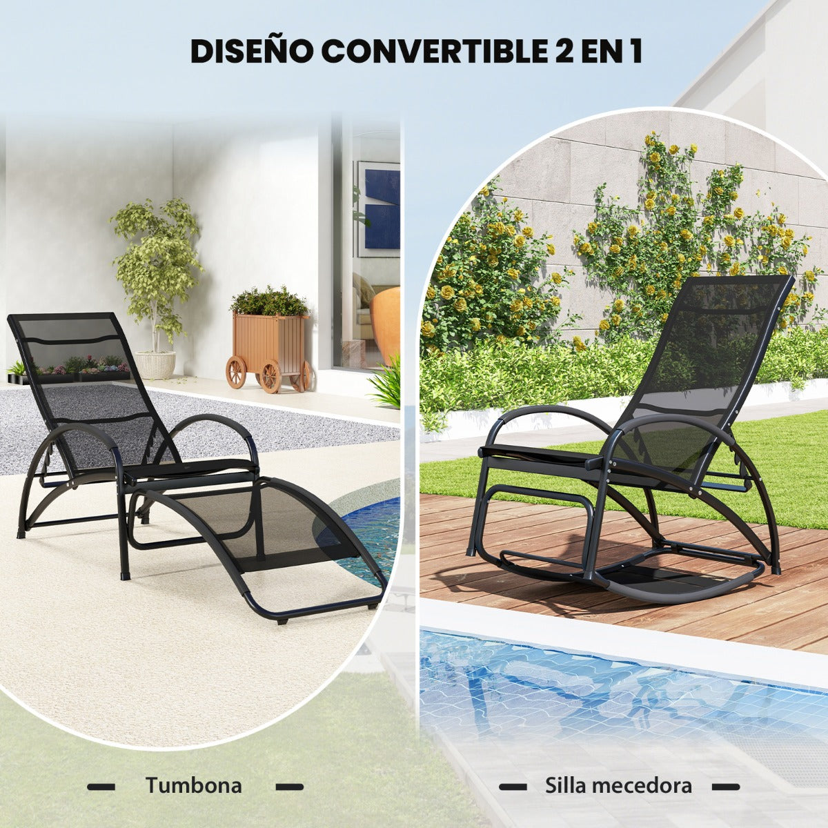 Mecedora 2 en 1 Sillón Convertible de Patio con Respaldo Ajustable de 4 Posiciones Reposabrazos Curvados Marco de Aluminio Ligero Negro