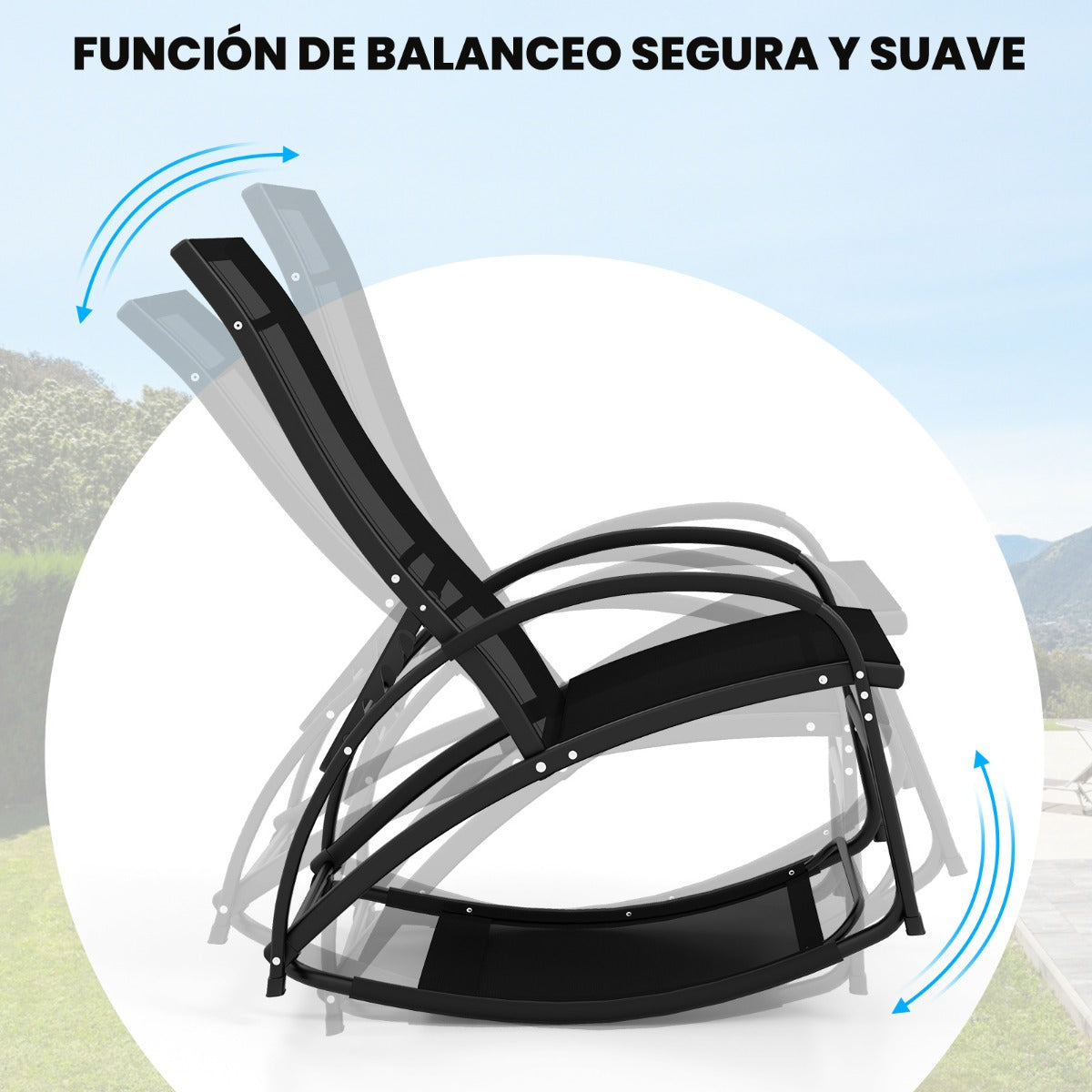 Mecedora 2 en 1 Sillón Convertible de Patio con Respaldo Ajustable de 4 Posiciones Reposabrazos Curvados Marco de Aluminio Ligero Negro