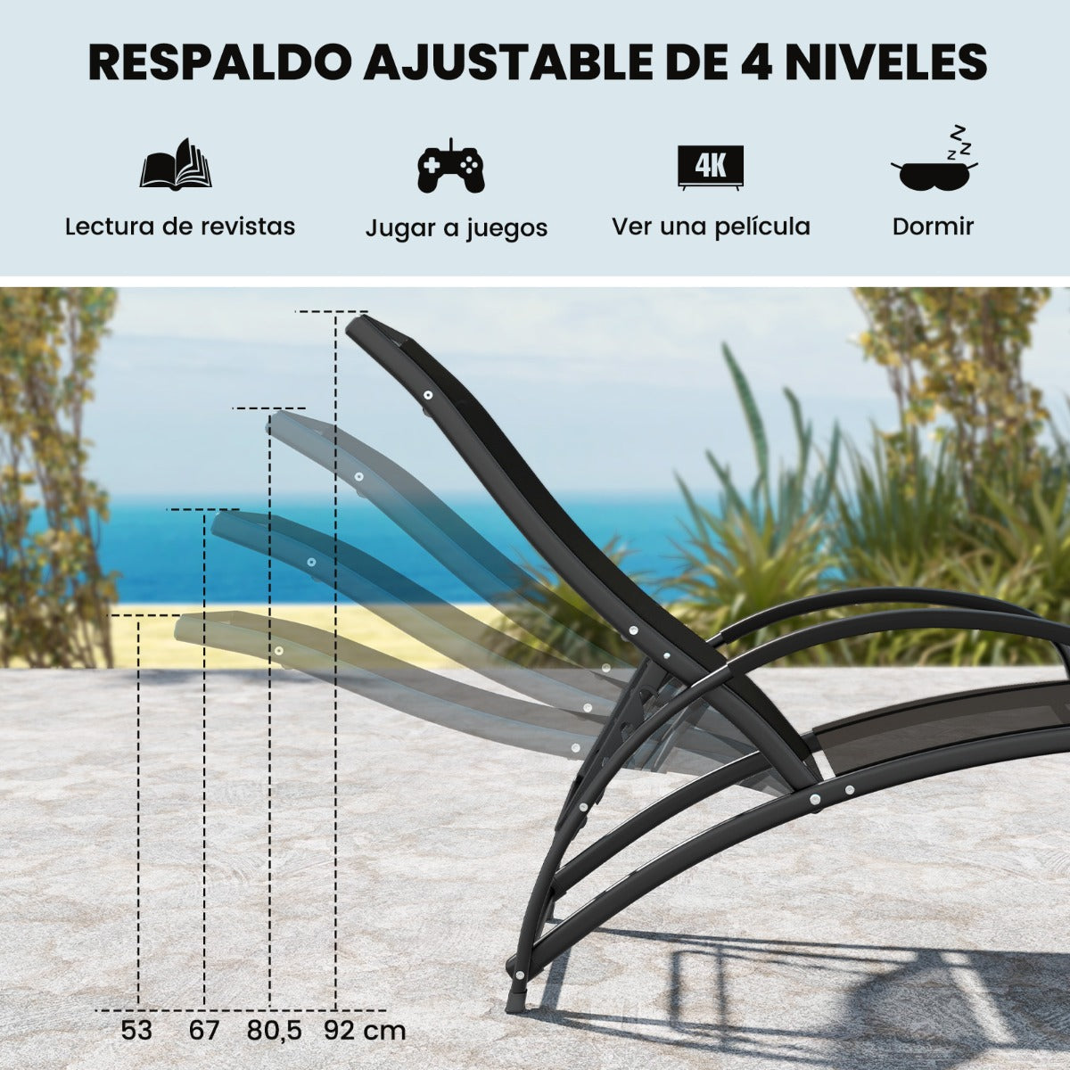Mecedora 2 en 1 Sillón Convertible de Patio con Respaldo Ajustable de 4 Posiciones Reposabrazos Curvados Marco de Aluminio Ligero Negro