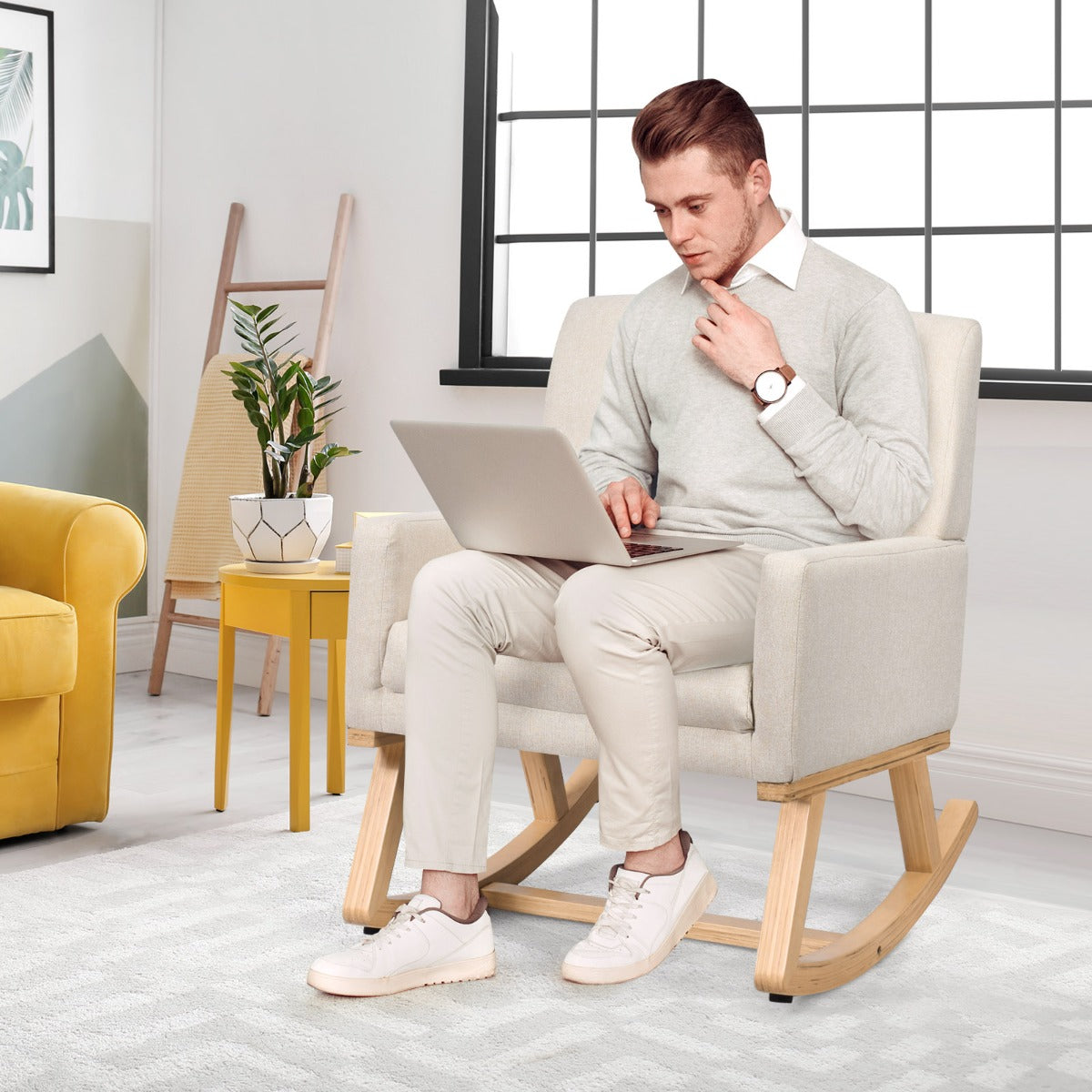 Silla Mecedora con Base de Madera Maciza Sillón Mecedora Tapizado Asiento Acolchado para Salón y Dormitorio 65 x 87 x 85 cm Beige