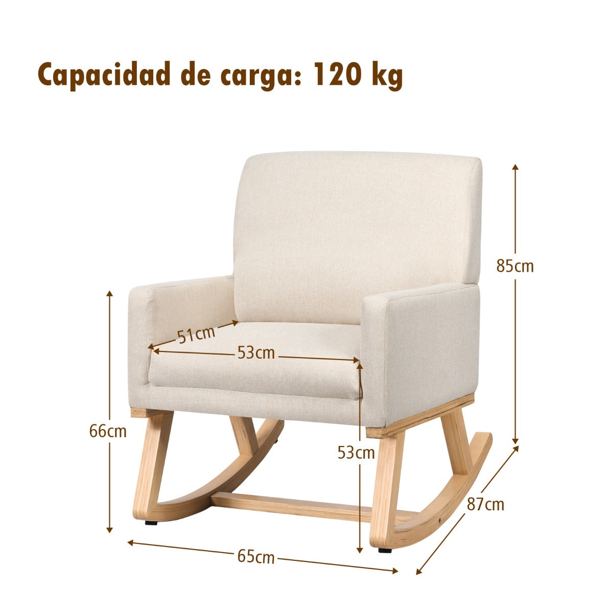 Silla Mecedora con Base de Madera Maciza Sillón Mecedora Tapizado Asiento Acolchado para Salón y Dormitorio 65 x 87 x 85 cm Beige