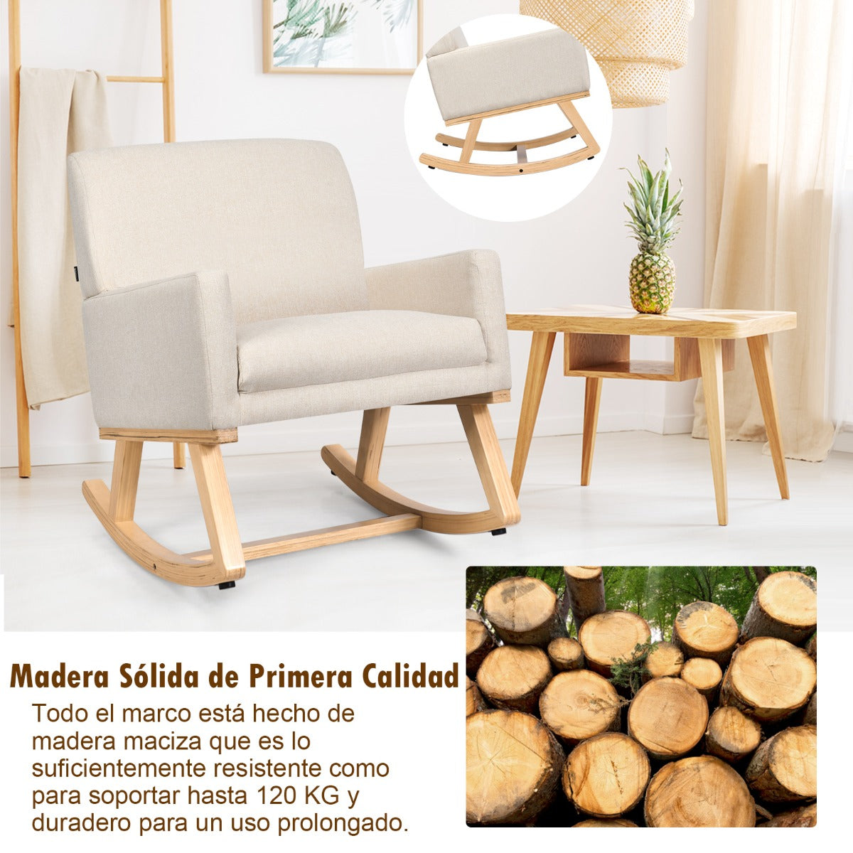 Silla Mecedora con Base de Madera Maciza Sillón Mecedora Tapizado Asiento Acolchado para Salón y Dormitorio 65 x 87 x 85 cm Beige