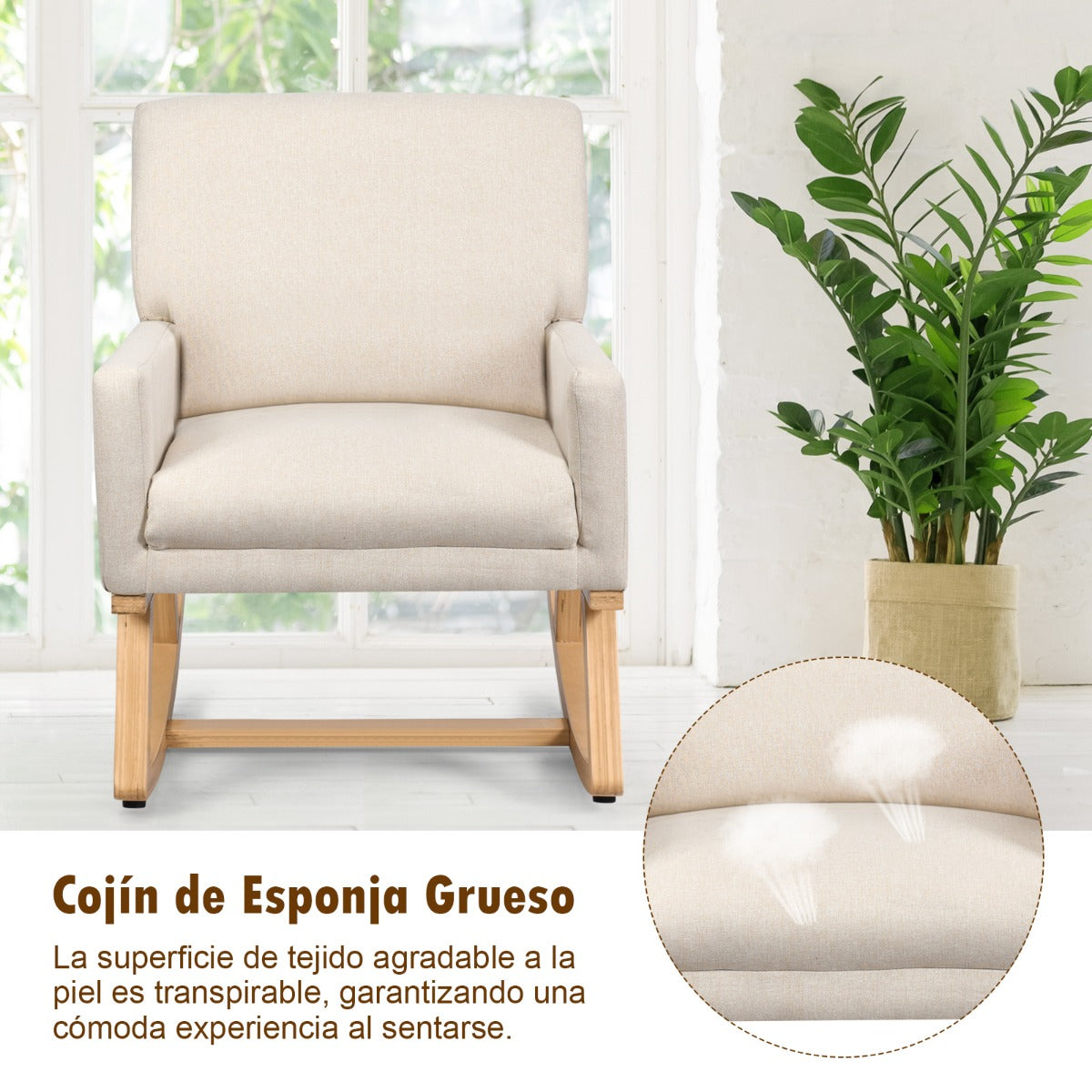 Silla Mecedora con Base de Madera Maciza Sillón Mecedora Tapizado Asiento Acolchado para Salón y Dormitorio 65 x 87 x 85 cm Beige