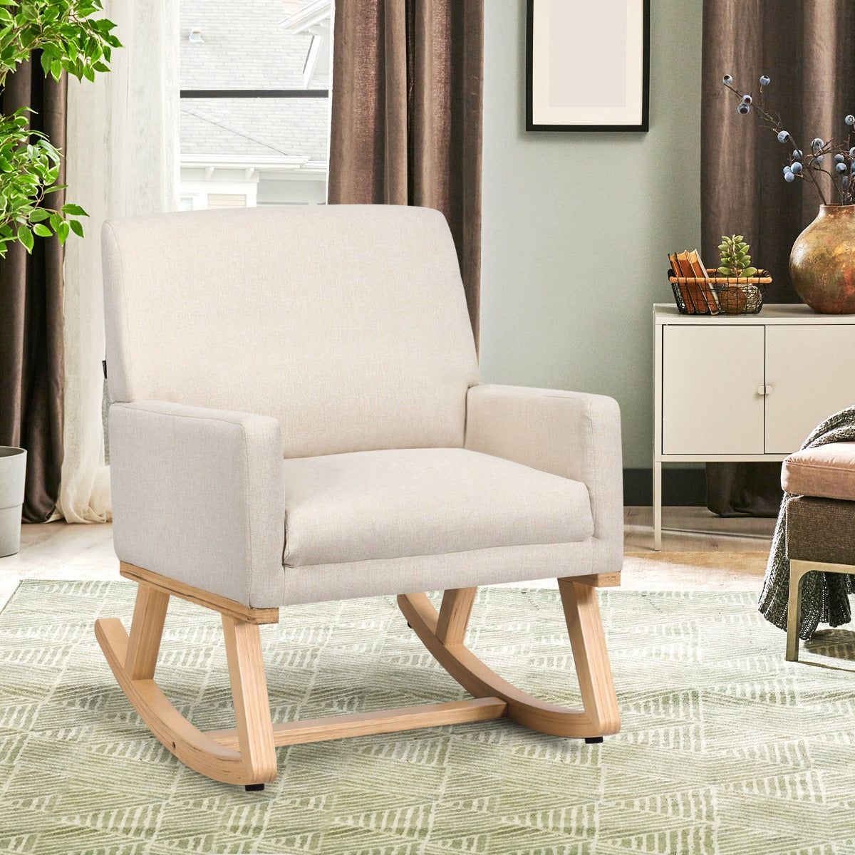 Silla Mecedora con Base de Madera Maciza Sillón Mecedora Tapizado Asiento Acolchado para Salón y Dormitorio 65 x 87 x 85 cm Beige