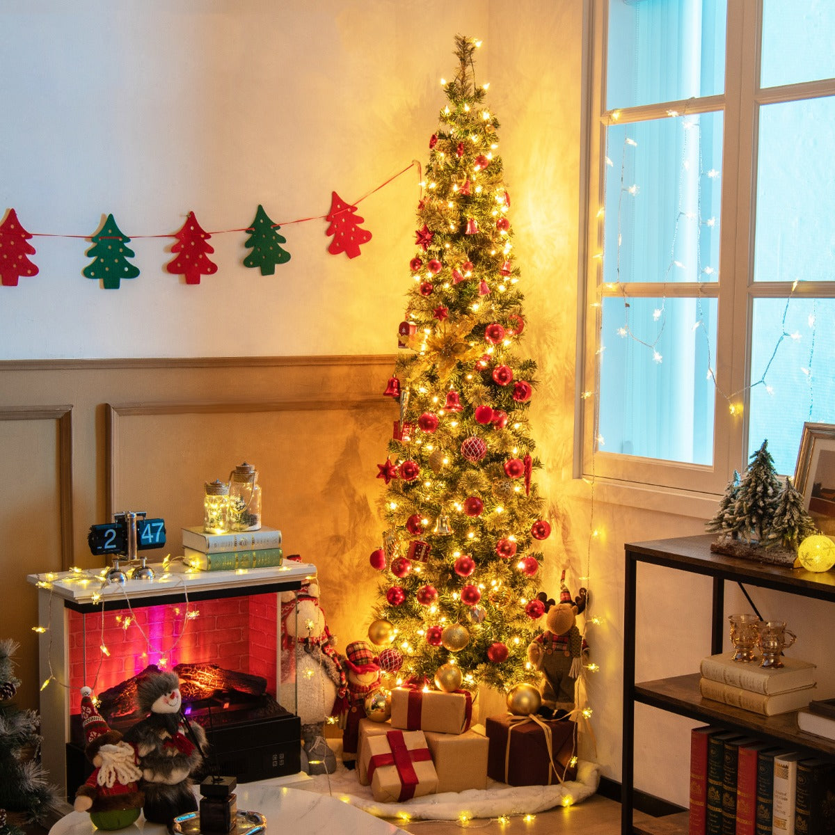 2,1m Medio Árbol de Navidad con 403 Ramas y 150 Luces LED con Soporte de Metal Plegable Verde