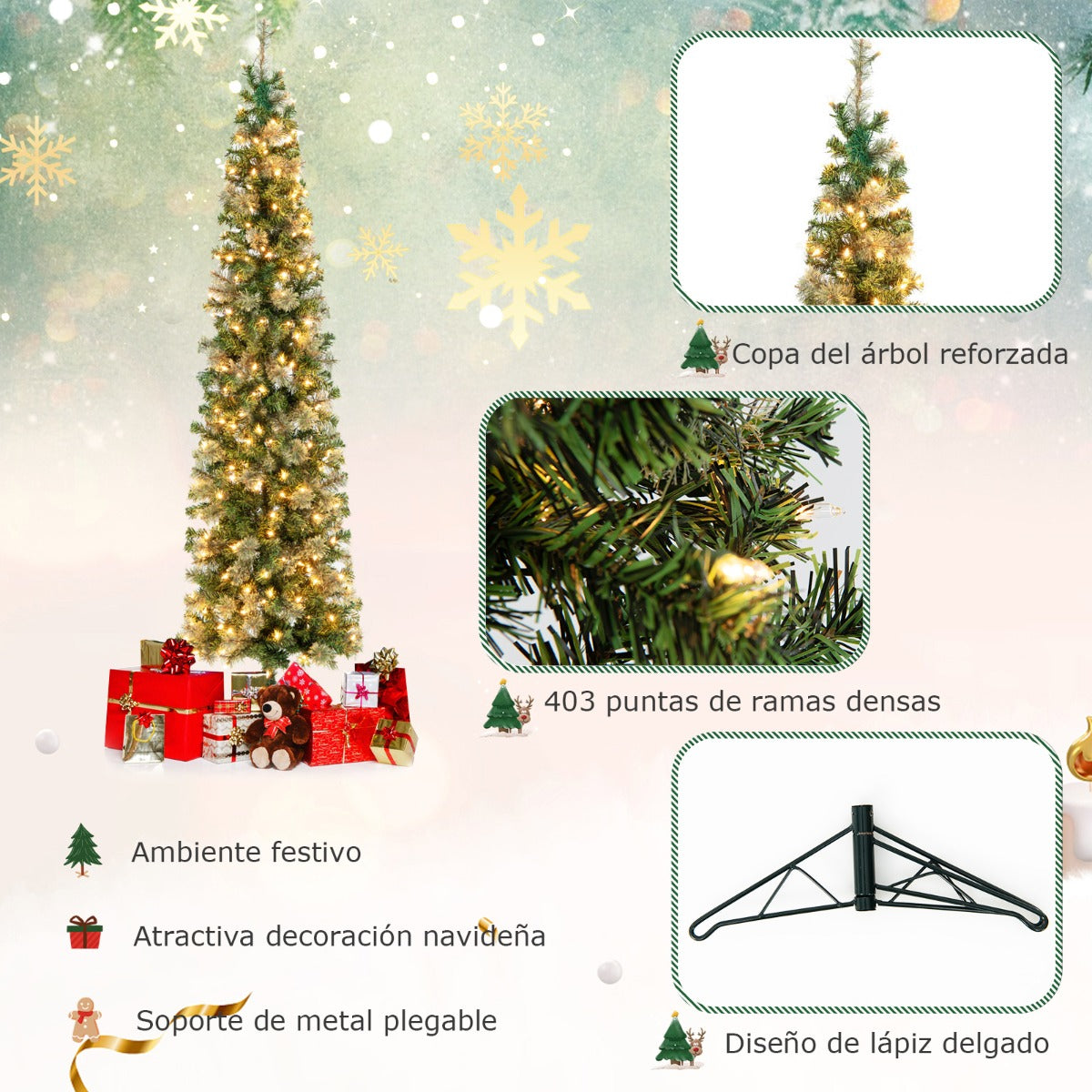 2,1m Medio Árbol de Navidad con 403 Ramas y 150 Luces LED con Soporte de Metal Plegable Verde