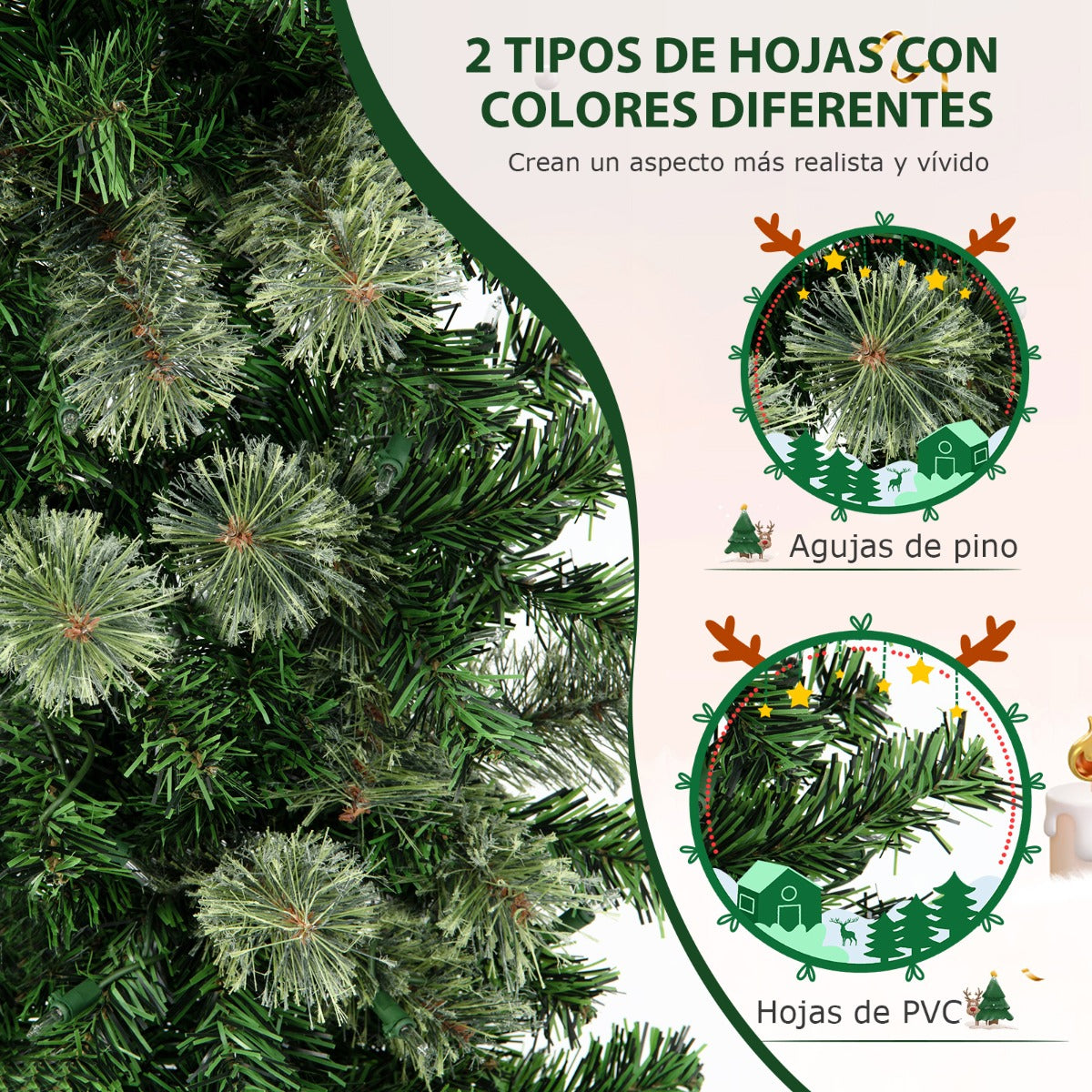 2,1m Medio Árbol de Navidad con 403 Ramas y 150 Luces LED con Soporte de Metal Plegable Verde