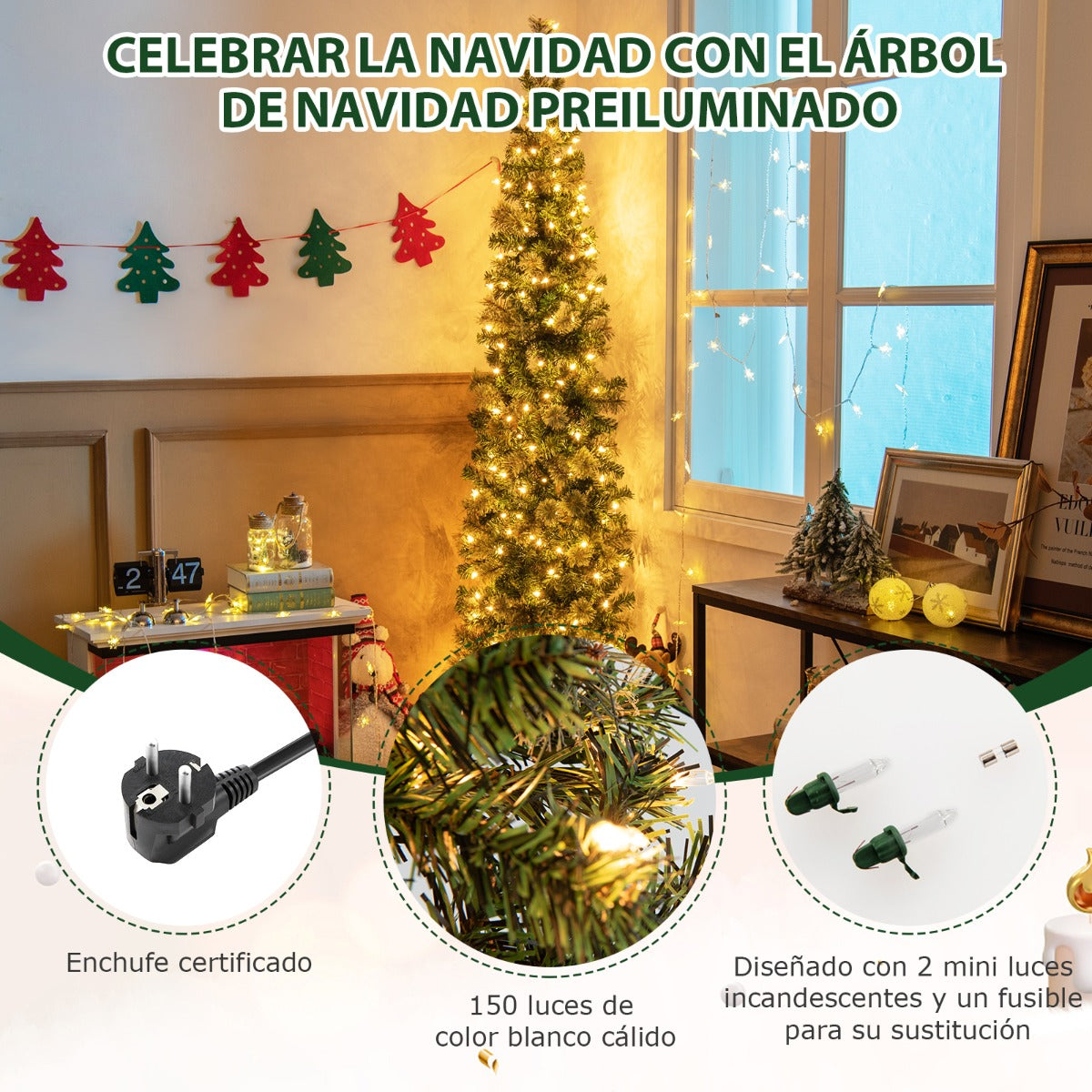 2,1m Medio Árbol de Navidad con 403 Ramas y 150 Luces LED con Soporte de Metal Plegable Verde