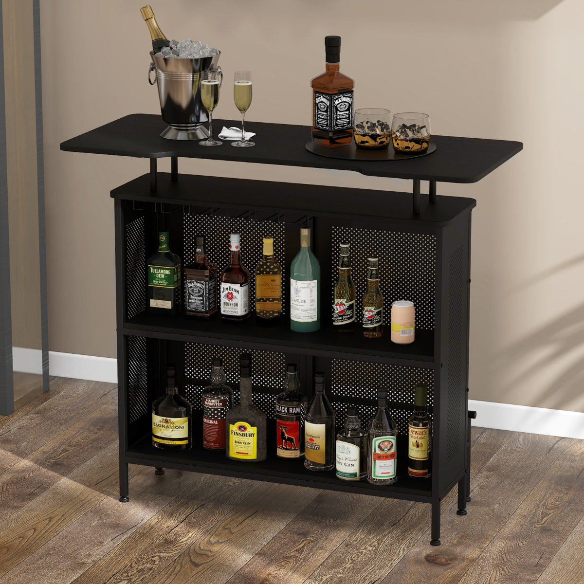 Mesa Alta de Bar Armario de Metal con 2 Estantes para Vino y 6 Soportes para Copas Reposapiés para Bar Cocina Pub 120 x 50 x 106,5 cm Negro