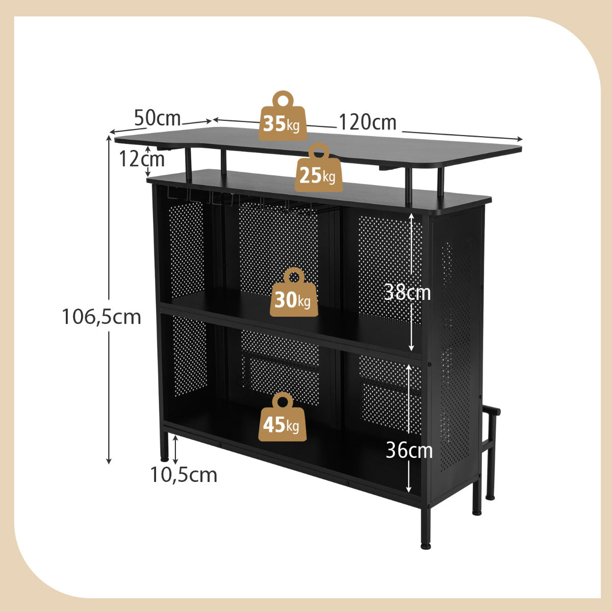 Mesa Alta de Bar Armario de Metal con 2 Estantes para Vino y 6 Soportes para Copas Reposapiés para Bar Cocina Pub 120 x 50 x 106,5 cm Negro