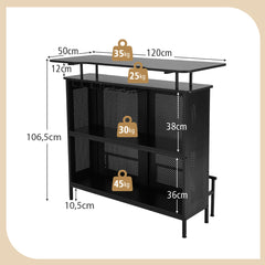 Mesa Alta de Bar Armario de Metal con 2 Estantes para Vino y 6 Soportes para Copas Reposapiés para Bar Cocina Pub 120 x 50 x 106,5 cm Negro
