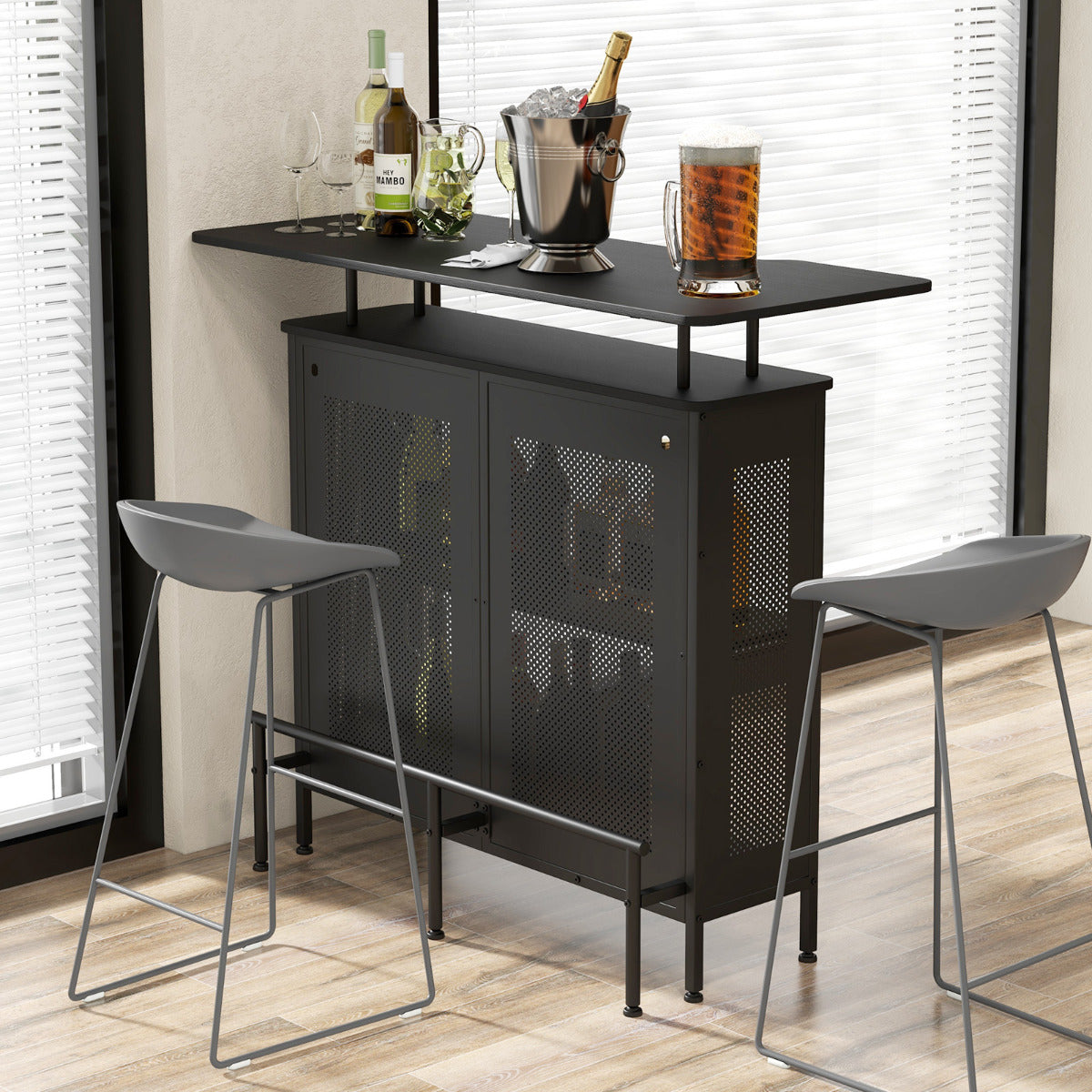 Mesa Alta de Bar Armario de Metal con 2 Estantes para Vino y 6 Soportes para Copas Reposapiés para Bar Cocina Pub 120 x 50 x 106,5 cm Negro