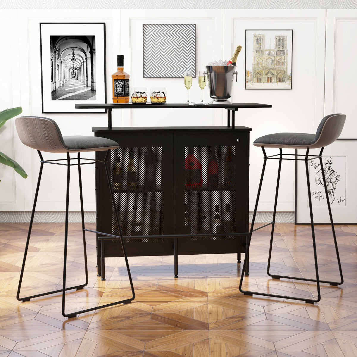 Mesa Alta de Bar Armario de Metal con 2 Estantes para Vino y 6 Soportes para Copas Reposapiés para Bar Cocina Pub 120 x 50 x 106,5 cm Negro