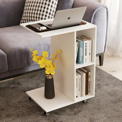 Mesa Auxiliar en Forma de C Mesa Estrecha con Compartimentos Abiertos de Almacenamiento Ruedas Mesa Móvil para Cama Salón Dormitorio Blanco