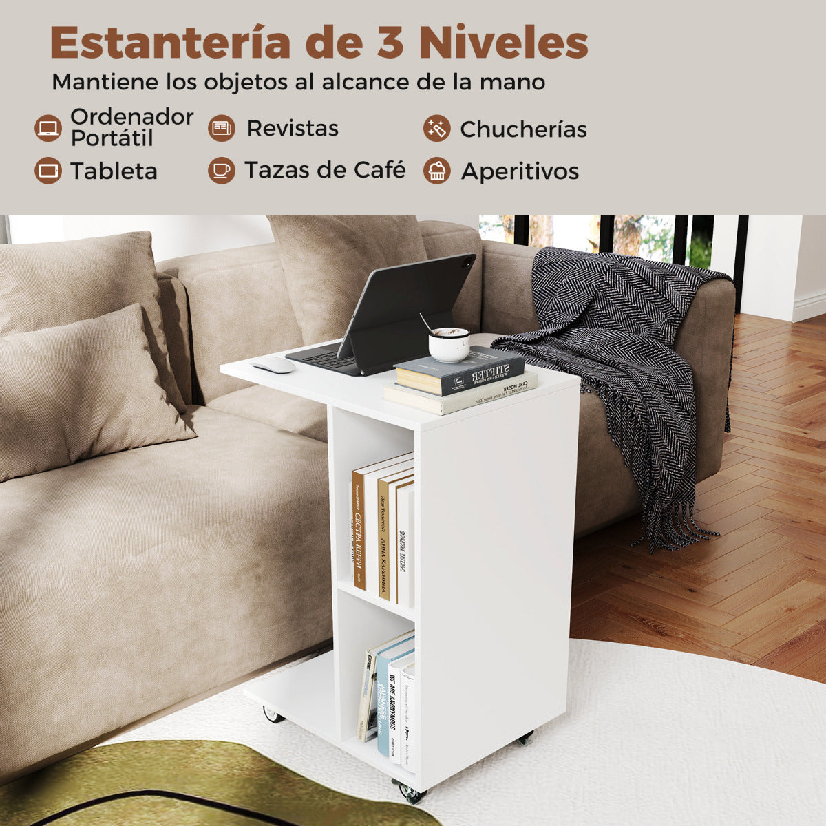 Mesa Auxiliar en Forma de C Mesa Estrecha con Compartimentos Abiertos de Almacenamiento Ruedas Mesa Móvil para Cama Salón Dormitorio Blanco