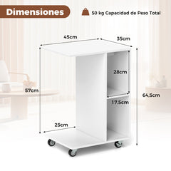 Mesa Auxiliar en Forma de C Mesa Estrecha con Compartimentos Abiertos de Almacenamiento Ruedas Mesa Móvil para Cama Salón Dormitorio Blanco