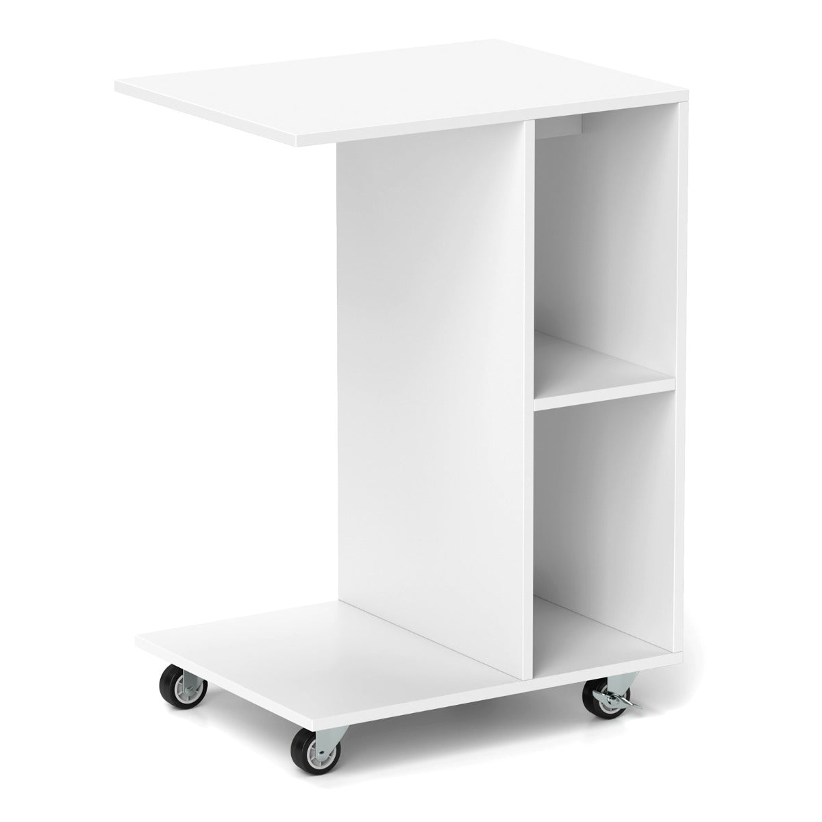 Mesa Auxiliar en Forma de C Mesa Estrecha con Compartimentos Abiertos de Almacenamiento Ruedas Mesa Móvil para Cama Salón Dormitorio Blanco