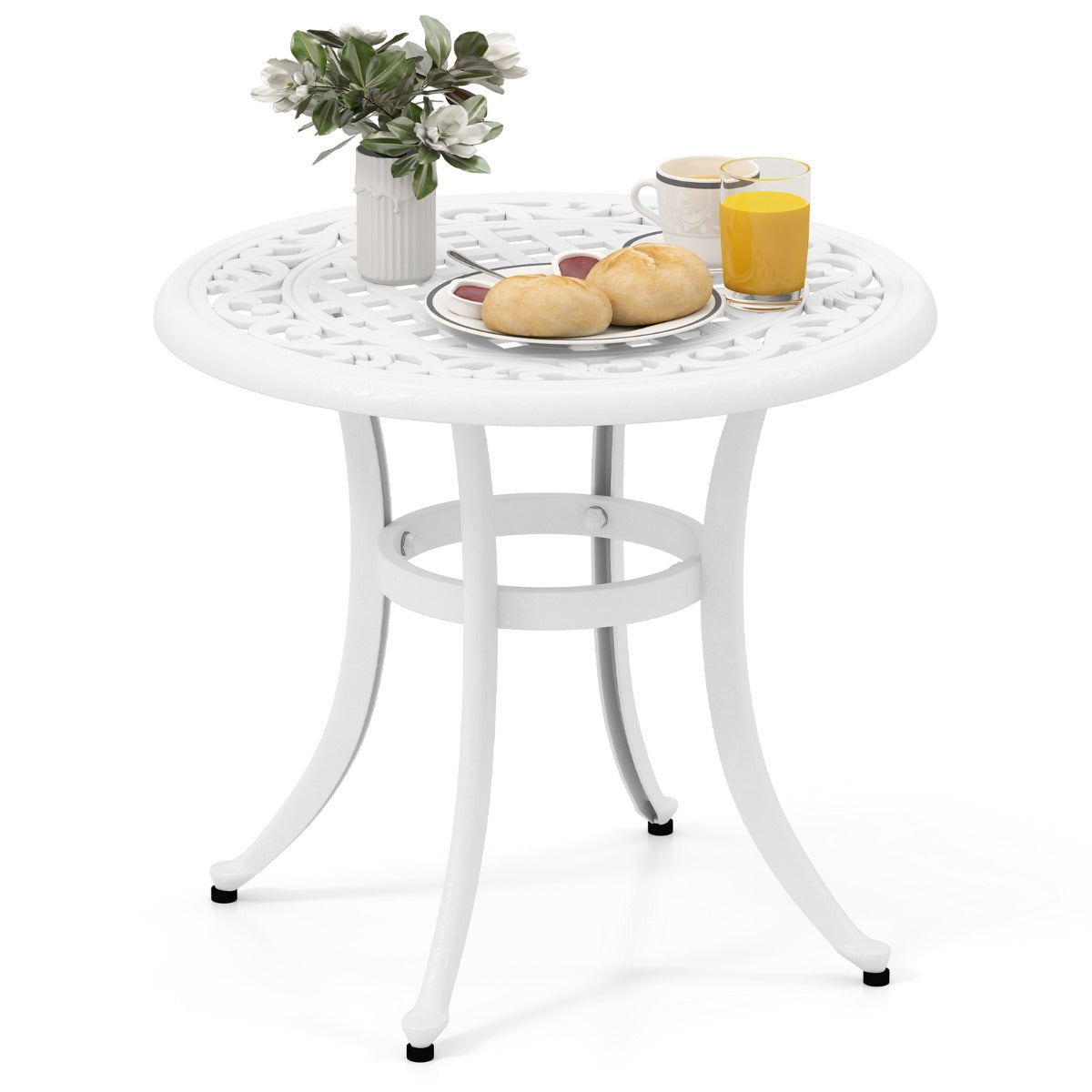 Mesa Auxiliar Redonda con Estructura de Metal Almohadillas Ajustables Mesa de Café para Balcón Terraza Carga 50 kg 60 x 53 cm Blanco