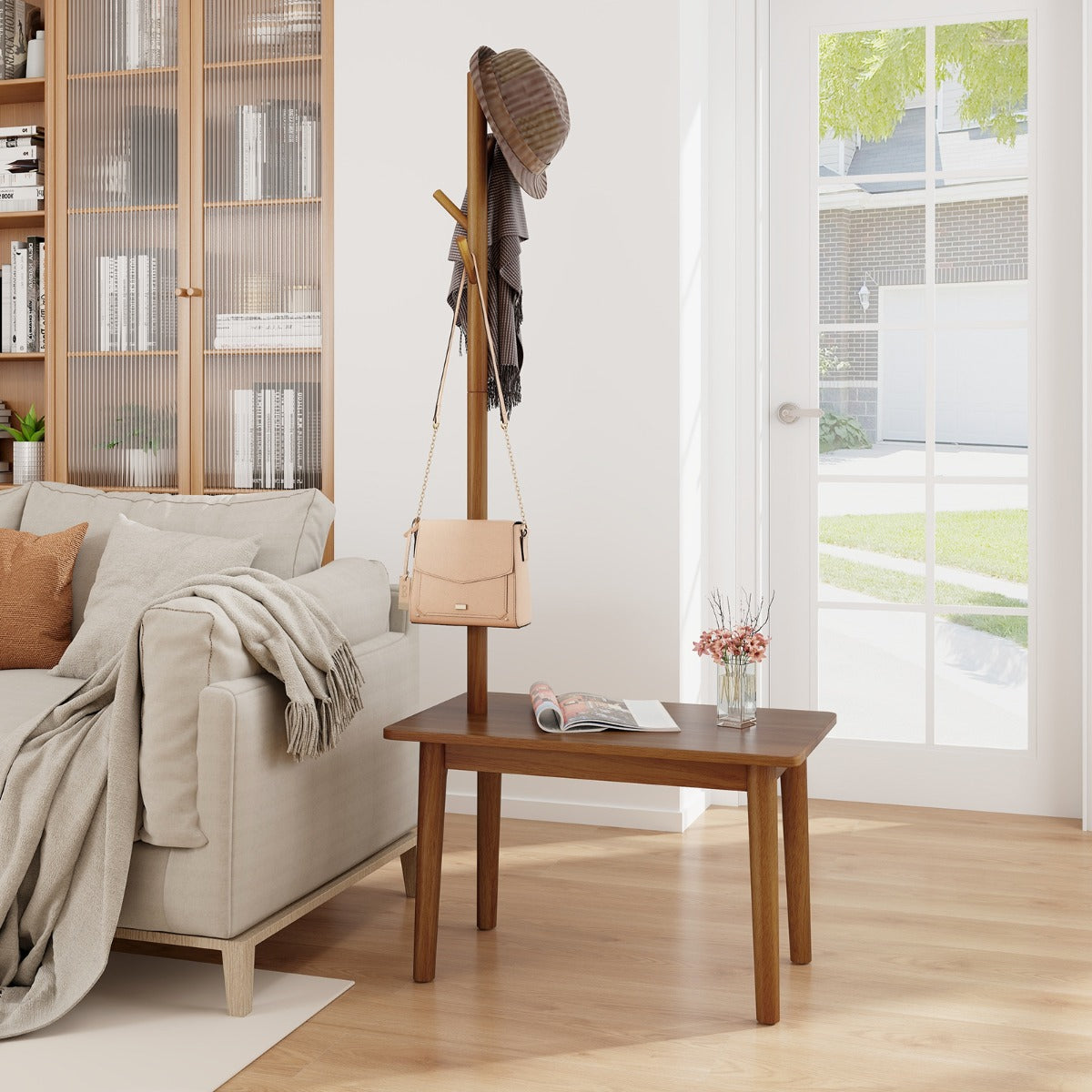 2 en 1 Mesa Auxiliar de Madera Maciza para Dormitorio con Banco para Zapatos y 3 Ganchos para Bolsos Abrigos 76 x 43 x 168 cm Marrón