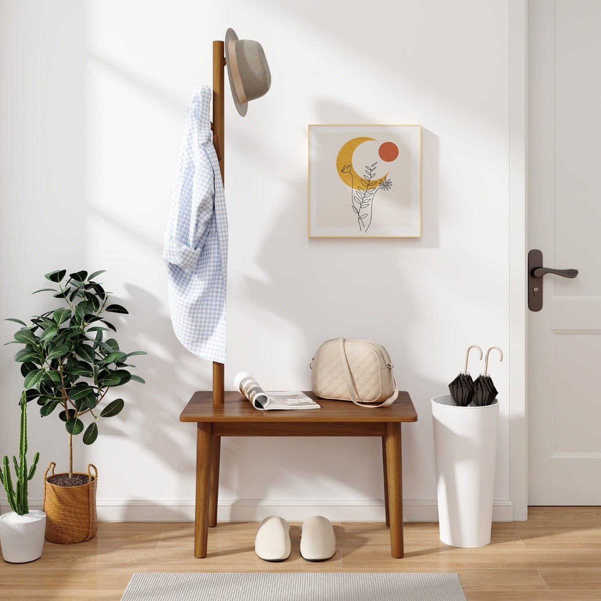 2 en 1 Mesa Auxiliar de Madera Maciza para Dormitorio con Banco para Zapatos y 3 Ganchos para Bolsos Abrigos 76 x 43 x 168 cm Marrón