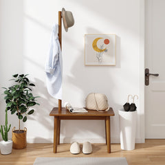 2 en 1 Mesa Auxiliar de Madera Maciza para Dormitorio con Banco para Zapatos y 3 Ganchos para Bolsos Abrigos 76 x 43 x 168 cm Marrón