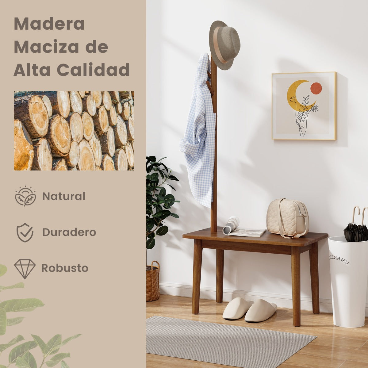 2 en 1 Mesa Auxiliar de Madera Maciza para Dormitorio con Banco para Zapatos y 3 Ganchos para Bolsos Abrigos 76 x 43 x 168 cm Marrón